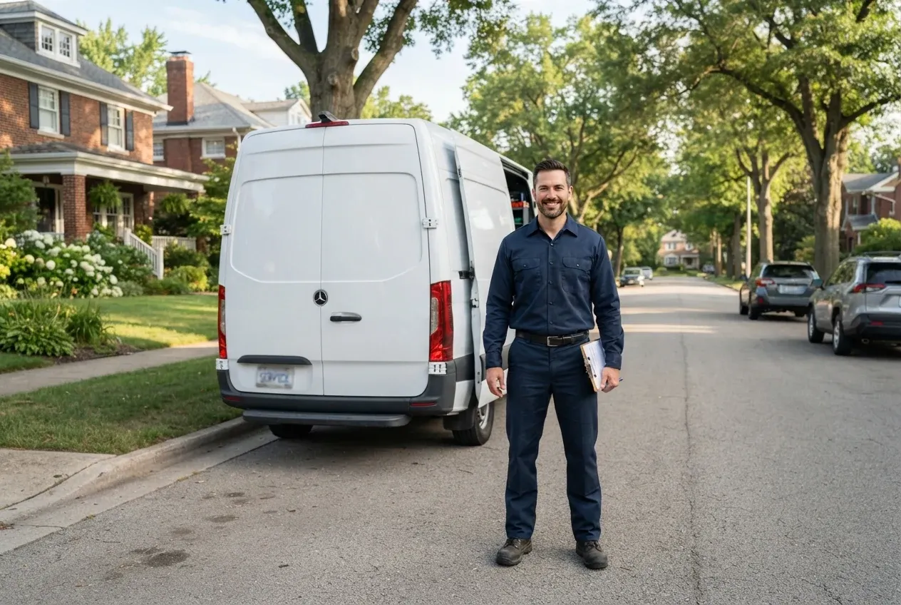 An electrician in a navy uniform standing in front of a service van