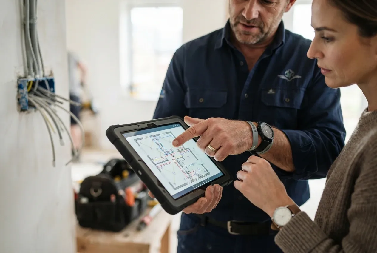 An electrician showing a customer an estimate on a tablet