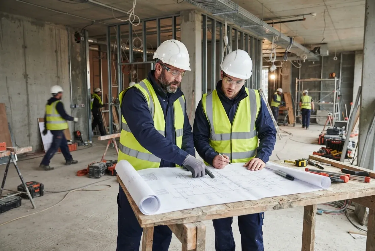 Two electricians in navy uniforms reviewing plans together