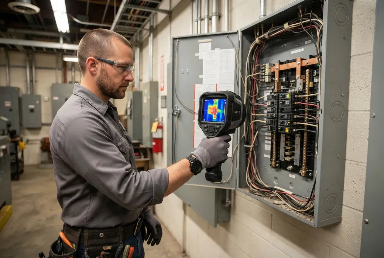 An electrician checking a panel with a thermal camera